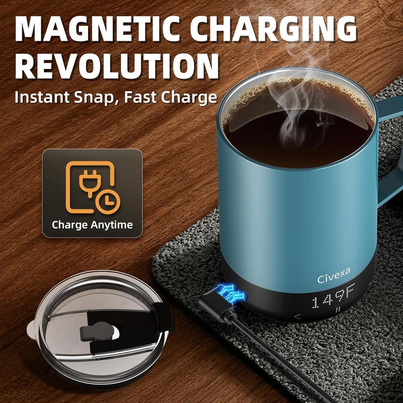 Civexa Magnetic Charging Rechargeable Self Heating Coffee Mug, Fast Heating & High Temperature 14Oz APP-Controlled Smart Coffee Cup Warmer, 120 Mins -Hot Up to 149℉ Smart Mug Warmer, Gifts for Women and Men - Image 5